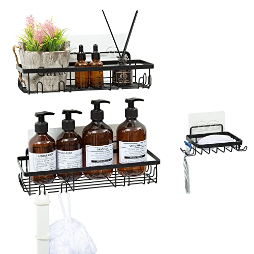 Étagère de douche sans perçage - Avec crochets - 2 paniers de douche avec porte-savon - En acier inoxydable 304 - Fixation murale pour salle de bain, cuisine - Noir Cover