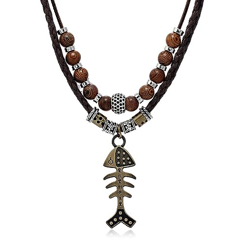 Leather Men Necklace Double Layers Braided Tribal Vintage Style Necklace Boho Hipppie Beaded Artificial Fish Bone Pendant Necklace for Christmas Gift