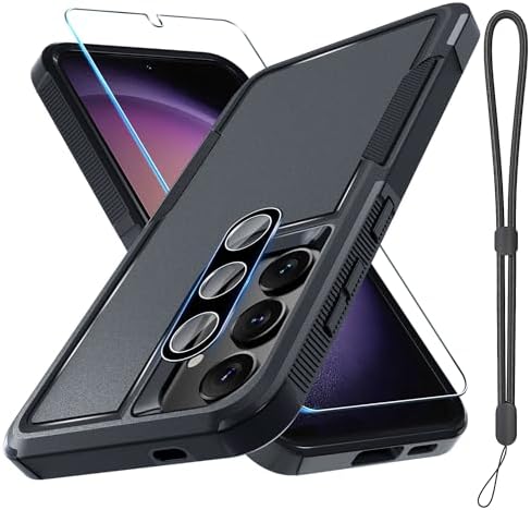 Case for Samsung Galaxy S24 Plus, Full Body Heavy Duty Rugged Shockproof Protective Phone Cover with Lanyard Strap, Tempered Glass Screen Protector and Camera Lens Cover, Black Matte