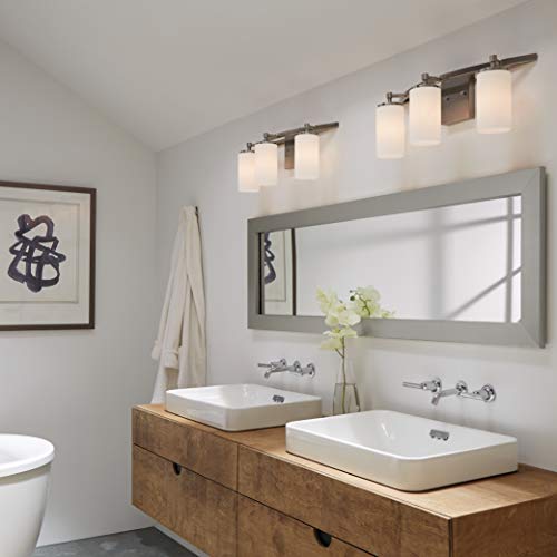 Image of Generation Lighting Alturas 3-Light Wall Bath Sconce in Brushed Nickel | Damp-Rated Wall Sconce Mounts Vertical or Horizontal, Satin Etched Glass, Bathroom Vanity Light, or Bathroom Fixture for Bath