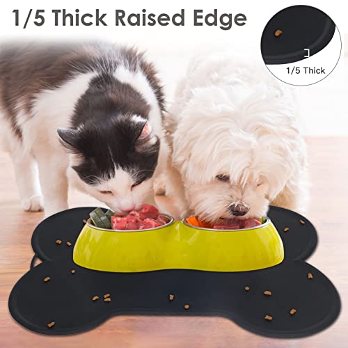 Upsky Dog Food Mat Dog Cat Bowl Mat For Food And Water, Large 22" X 16" Dog Feeding Mat For Floors, Waterproof Silicone Pet Placemat Tray Bone Shaped With Raised Edge (Black) #TOP3