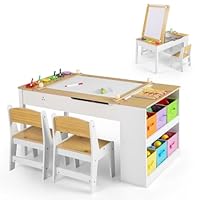 COSTWAY Kids Art Table and Chair Set, Wooden Toddler Craft Easel Desk with 2-Tier Open Shelf, Storage Bins, Paper Roll, Paint Cups, Children Play Activity Furniture