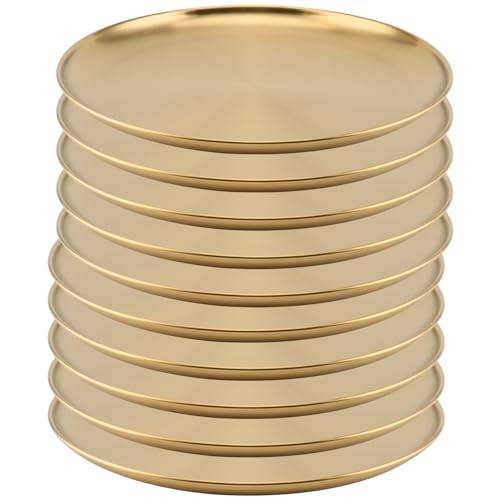 MOUYAT 10 PCS 8 Inch Small Stainless Steel Plate 20cm Round Dinner Metal Plates Metal Salad Steak Plates Reusable Dinner Dish for Eating Serving Camping Outdoor BBQ Home Kitchen Frosted Gold