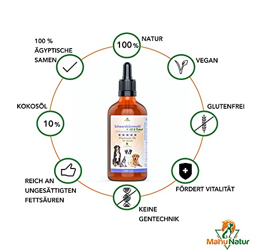 Mahu Natur 100 ml Schwarzkümmelöl Für Hunde + 10% Kokosöl - Ungefiltert - Nachhaltige Glasflasche Mit Glaspipette - Optimal Fürs Barfen