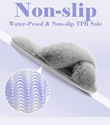 Ankis Women Grey Fuzzy Fluffy Slippers Soft Cozy Plush Fuzzy House Slippers For Women Faux Rabbit Fur Memory Foam Breathable Open Toe Cross Band Fuzzy Slippers Warm Comfy Slippers Bedroom Outdoor #TOP4