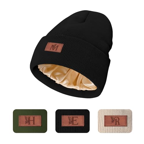 COSHAYSOO Personalized Womens Satin Lined Knit Beanie Winter Hats Monogrammed Gifts for Women Initial Knitted Cuffed Beanies Black Letter M