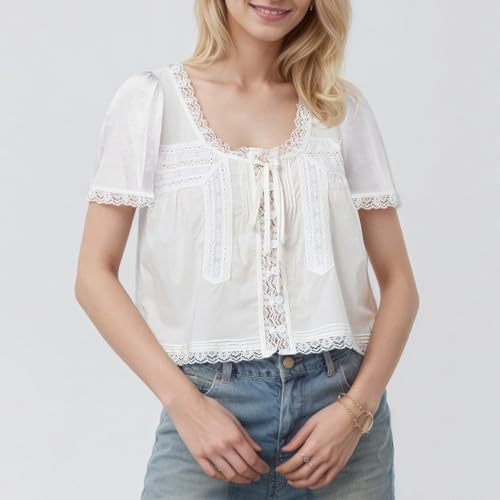 Women Boho Button Down Lace Trim Crop Tee Top Short Sleeve Scoop Neck Ruffle Semi Sheer Flowy Tie Front T Shirt2