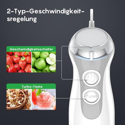 FRESKO 4-in-1 Stabmixer, 1000W Pürierstab Edelstahl, Stufenlose Geschwindigkeitssteuerung und Turbo, Inkl. 500ml Lebensmittelhacker und 700ml Messbecher, für Babynahrung, Suppen, Smoothies, Weiß