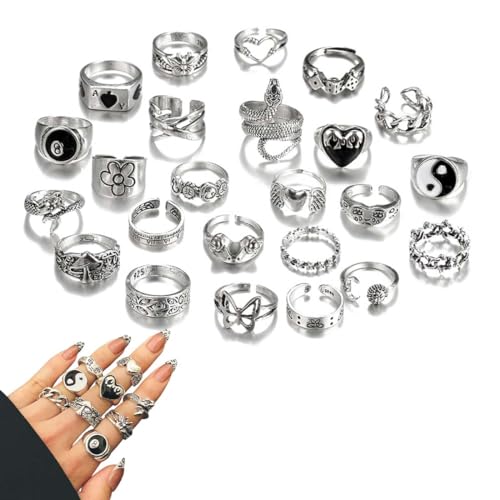 UIEXAY 24 Pièces Gothique Bague Argent Femme, Vintage Knuckle Bague, Y2K Punk Bague, Ensemble De Bagues Coeur Serpent Fleur Papillon Yin Yang Crâne Grenouille Femme Cadeau