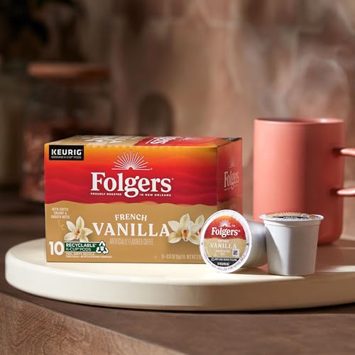 Image of Folgers French Vanilla Artificially Flavored Coffee, K-Cup Pods, 60 Count | 6 (10-count) boxes, Medium roast coffee, Genuine K-Cup pods made to brew with your Keurig coffee maker