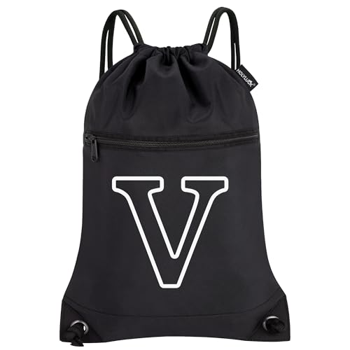 Image of HOLYLUCK Drawstring Bags Initial Backpack Sackpack Cinch Bags for Sports, Gym, Travel, Beach (Black-V)