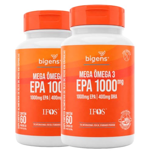Bigens Mega Omega 3, EPA 1000mg + DHA 400mg, Certificado IFOS, 60 Cápsulas, Kit 2, Sem Vitamina E