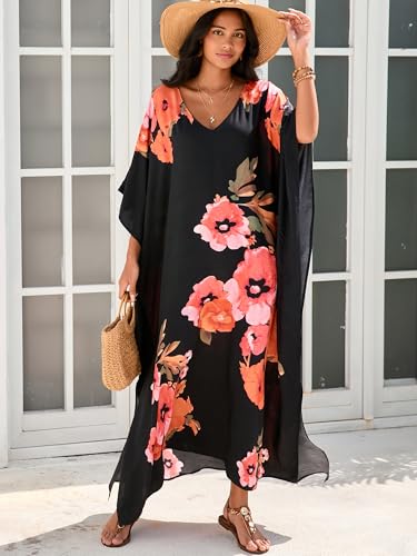 Image of Moss Rose Kaftan Dresses for Women V Neck Summer Swimsuit Cover up Caftan Maxi Beach Dresses