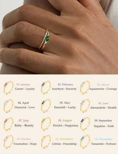 FUNEIA Gold Birthstone Rings for Women Non Tarnish Trendy Stackable Gold Rings that Don't Tarnish Dainty Emerald Green Gemstone Cubic Zirconia Wedding Engagement Ring for her Birthday Gifts Jewelry - Thumbnail 4