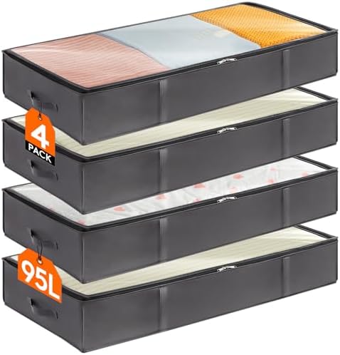 Lifewit Aufbewahrungstasche 95L, Unterbettkommode, Transporttasche 4 Stück | Aufbewahrungsbox mit deckel, Faltbare Kleidung Aufbewahrung, Umzugstaschen für Bettdecken Kleidung, Gra