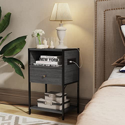 Ldttcuk Nightstand With Charging Station, Modern End Table With Drawer, Bedside Table With Open Storage For Bedroom, Grey #TOP3