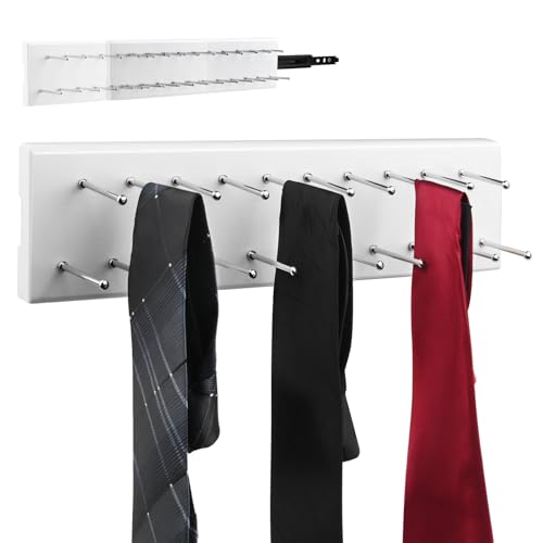 Wood Pull Out Belt Rack for Closet, 21 Tie Hanger Extending Sliding Tie Rack Hanger, Side Mount Sliding Rail Organizer Storage Rack Holder with 21 Hooks for Ties Scarves Belts Shawls, White