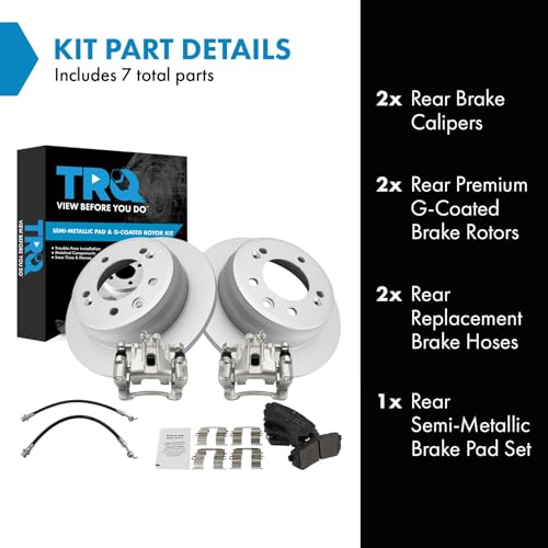 Image of TRQ Rear Brake Pad and Rotor Set Semi Metallic Coated Rotors Calipers Hoses Compatible with 2010-2015 Hyundai Tucson 2011-2016 Kia Sportage