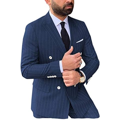 Zeattall Men's Formal Pinstripe Suits Slim Fit Double-Breasted Blazer Groomsmen Wedding Tuxedos(44 Regular,Blue) Cover