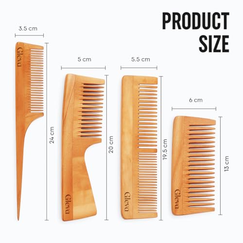 Image of Gleva Natural Neem Wood Comb Set | Anti-Frizz, Hair Fall & Dandruff Control, Scalp Massage, Gentle Detangling Natural Wooden Hair Combs for Hair Growth & Scalp Care for Men & Women (Pack of 4)