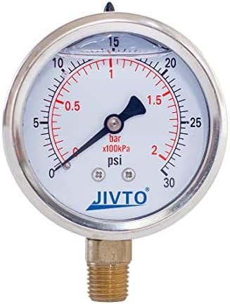 Pressure Gauge,Glycerin Liquid Filled,2-1/2" Dual Scale Dia,0-30 psi/bar/kpa,1/4" NPT Male Brass Connection,Lower Mount, Stainless Steel Case,for Pneumatic,Pump,Hose,Well Tank,Gas Air Water Oil
