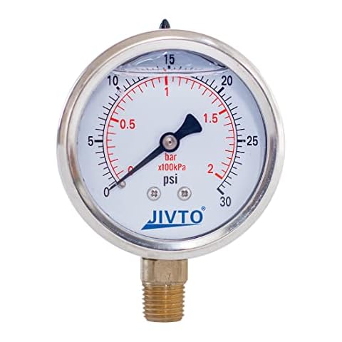 JIVTO Pressure Gauge,Glycerin Liquid Filled,2" Dual Scale Dia,0-30 psi/bar/kpa,1/4" NPT Male Brass Connection,Lower Mount, Stainless Steel Case,for Air Compressor,Pump,Tube,Valve,Gas Air Water Oil Cover