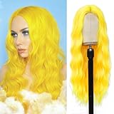 YBYMCAI Long Yellow Wavy Wigs for Women Middle Part Yellow Wig 26 inch Natural Curly Synthetic Wig Heat Resistant Fiber Wigs for Daily Party Use