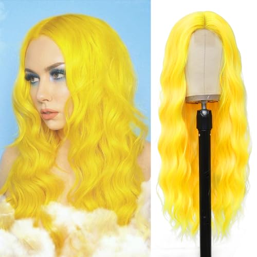 YBYMCAI Long Yellow Wavy Wigs for Women Middle Part Yellow Wig 26 inch Natural Curly Synthetic Wig Heat Resistant Fiber Wigs for Daily Party Use