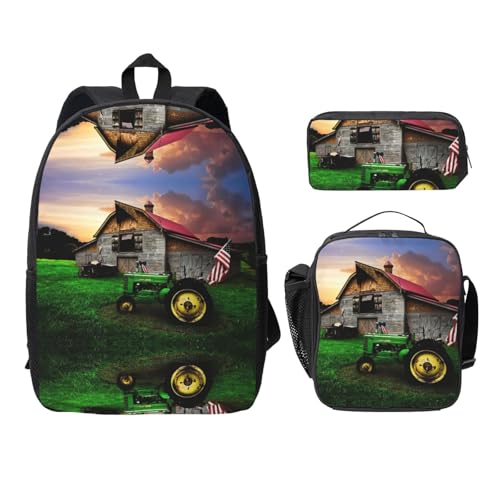 Mochila escolar ligera tractor con bolsa para lápices y lonchera negra