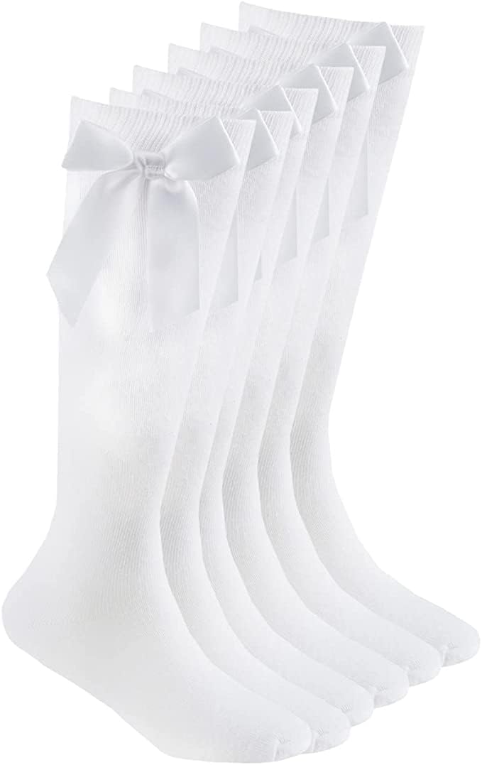 3 Pairs Girls Knee High School Socks Cotton Socks with Fluffy Ribbons Bow, Back to School Socks Uniform Party Wear Long Socks Girls Bow Knee High School Socks