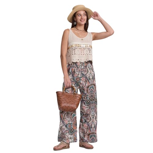 Alexis Leroy Women's Boho Palazzo Pants Summer Wide Leg Beach Trousers with Pockets Lightweight Floral Pattern4