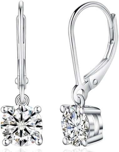 YODEWA Moissanite Earrings for Women, 1CT-2CT/Pair D Color Brilliant Round Cut 18K White Gold Plated Sterling Silver Leverback Drop Dangle Earrings