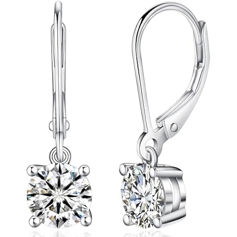YODEWA Moissanite Earrings for Women, 2CT/Pair D Color Brilliant Round Cut 18K White Gold Plated Sterling Silver Leverback Drop Dangle Earrings 6.5mm Cover