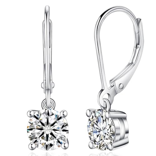 YODEWA Moissanite Earrings for Women, 2CT/Pair D Color Brilliant Round Cut 18K White Gold Plated Sterling Silver Leverback Drop Dangle Earrings 6.5mm