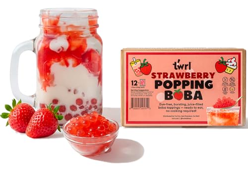 Twrl Strawberry Popping Boba for Bubble Tea - Cafe Style Bursting Juice-Filled Pearl Toppings at Home, Instant, Plant-Based, Gluten-Free, Dye-Free, No High Fructose Corn Syrup - 12 Single Servings
