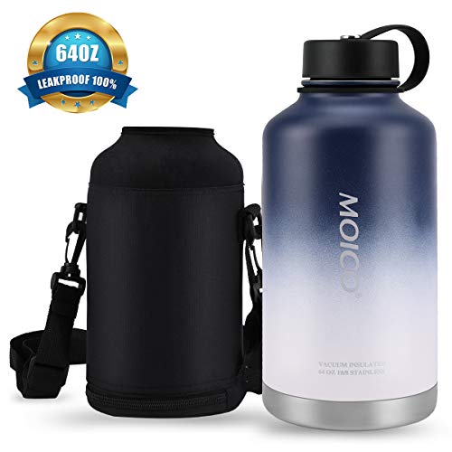 64 oz Stainless Steel Water Bottle, MOICO Double Wall Vacuum Insulated Water Bottle, Keeps Cold 24 Hours & Hot 12 Hours, BPA Free Leak Proof Wide Mouth with Travel Bag - Blue White