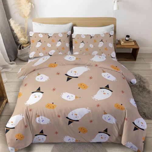 Sleepwish Halloween Bedding Cute Ghost and Pumpkin Pattern Duvet Cover Beige Halloween Themes Bedding Set Funny Halloween Festival Kids Gift (Queen)