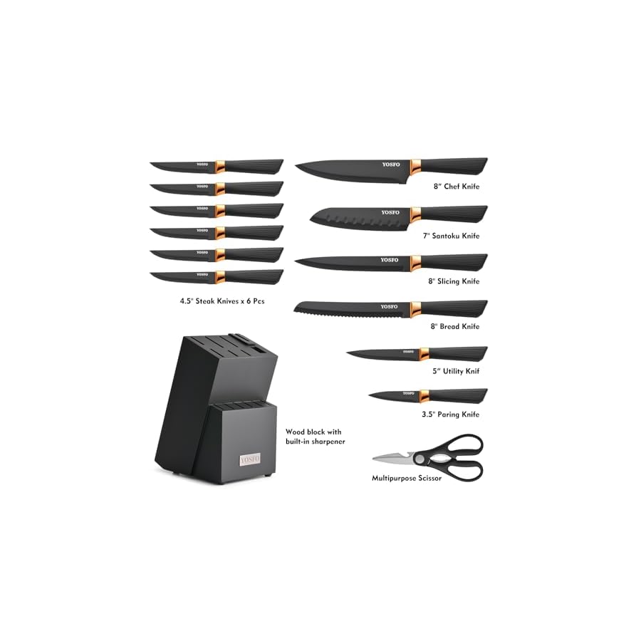YOSFO Kitchen Knife Set,15 Pcs Knife Set with Block and Sharpener,High Carbon Stainless Steel Ultra Sharp,Dishwasher Safe