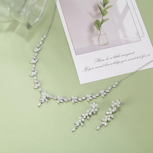 Image of White Faux Pearl Leaf Vine Bridal Cubic Zirconia Jewelry Set for Women