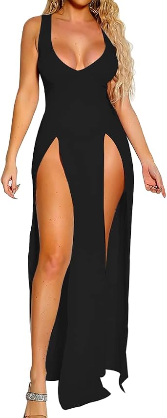 Womens Sexy One Piece Outfits Dress Sleeveless Deep V Neck High Split Bodycon Clubwear Maxi Dresses