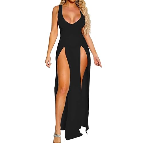 Azhong Women's Sexy One Piece Outfits Dress Sleeveless Deep V Neck High Split Bodycon Clubwear Maxi Dresses - Large - Black