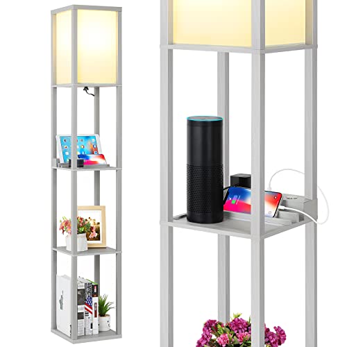 FOLKSMATE LED Shelf Floor Lamp, Modern Touch Control Dimmable Standing Lamp with 2 USB Ports and 1 Power Outlet, Corner Tall Lamps with Shelves, Wood Standing Light for Bedroom, Living Room, Grey