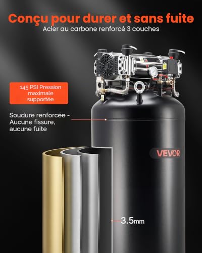 VEVOR Compresseur à Air 300 L Compresseur à Air Vertical sans Huile pour Fabrication Industrielle, Grands Ateliers, 230 V Triphasé, sans Prise, 3,7 kW, 382 L/min à 6,2 bar, Pression Maximale de 10 bar - 5