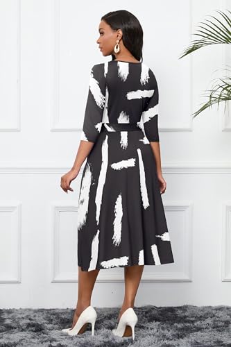 Image of CLOCOR Midi Dresses for Women Casual A-Line Fit and Flare Dress Crewneck 3 /4 Sleeve Keyhole Cocktail Party Church Dress
