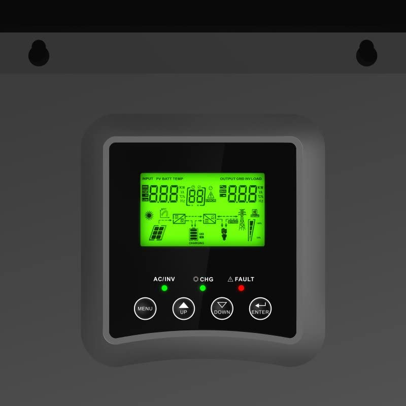 Front panel of the Green Cell Off Grid Inverter showing the LCD display and control buttons.