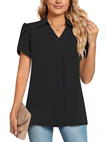 Aodemo Women's Summer Collared V Neck Chiffon Blouse Dressy Business Tunic Petal Short Sleeve Office Shirt Tops for Work 2XL, Black