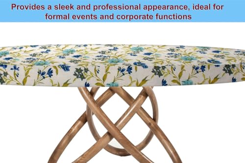 Image of The Furnishing Tree Elastic Cotton Round Dining Table Cover 40x40 in Inches Floral Blue Leaf on offwhite Base