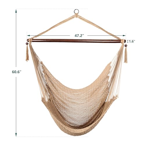 Image of Bathonly Large Hammock Chair with Spreader Bar, Caribbean Hammock Swing Chair, XL Hammock Chair Outdoor Indoor, 330 LBS Weight Capacity, Light Brown