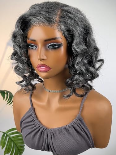 SOUL LADY Attractive Seniors Medium Salt And Pepper Wigs Human Hair Loose Wave 5x5 HD Lace Glueless Bob Wigs for Mom 12 Inch