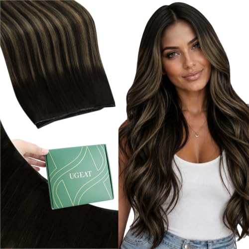Image of Ugeat 16 Inch Genius Weft Hair Extensions Dark Brown Balayage Genius Weft Hair Extensions Human Hair Mix Medium Brown Balayage Hand Tied Hair Extension Secure Root Attachment 16 Inch 50G
